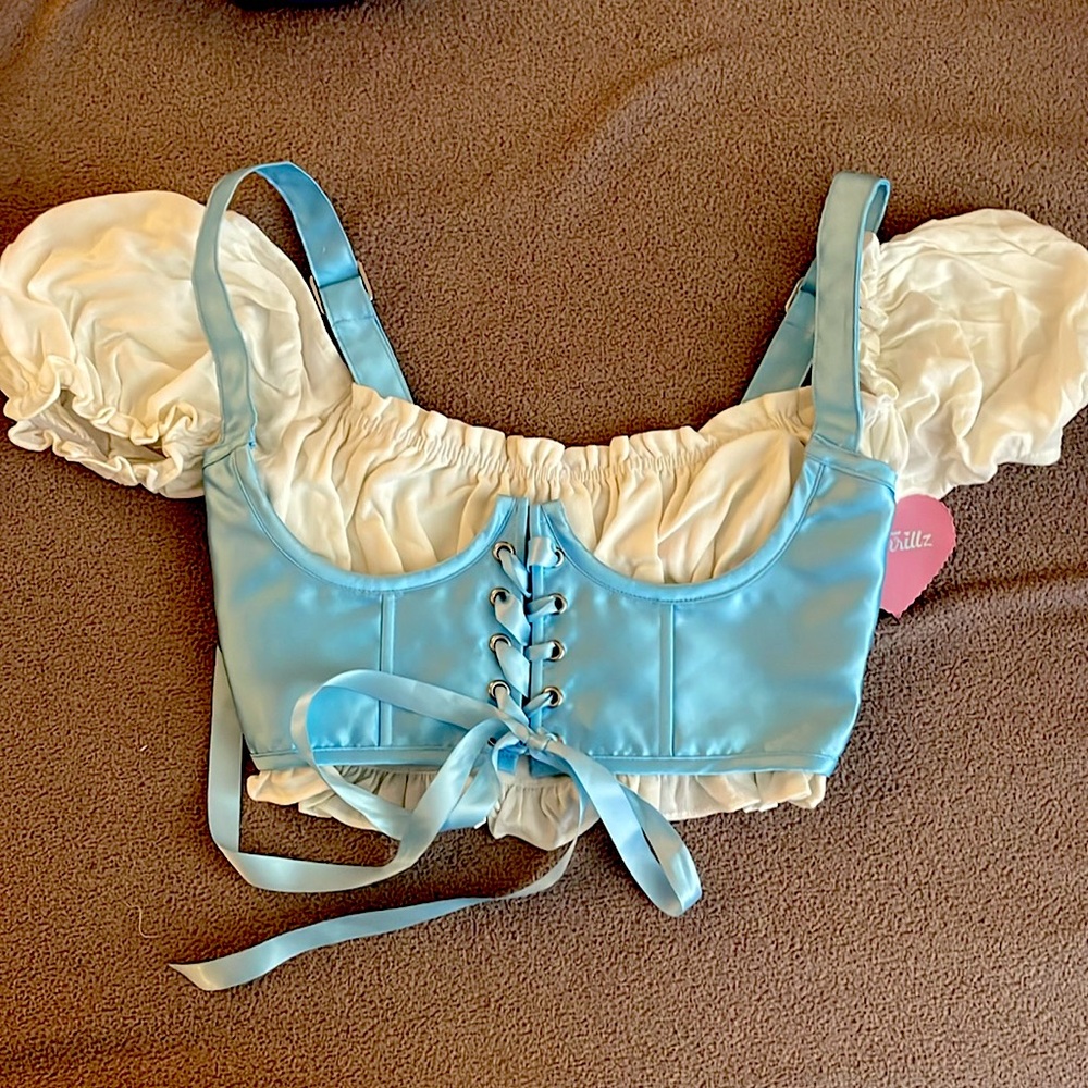 Sugar Thrills Small Blue Ribbon Lace-up Bustier Crop Top with White Puff Sleeves